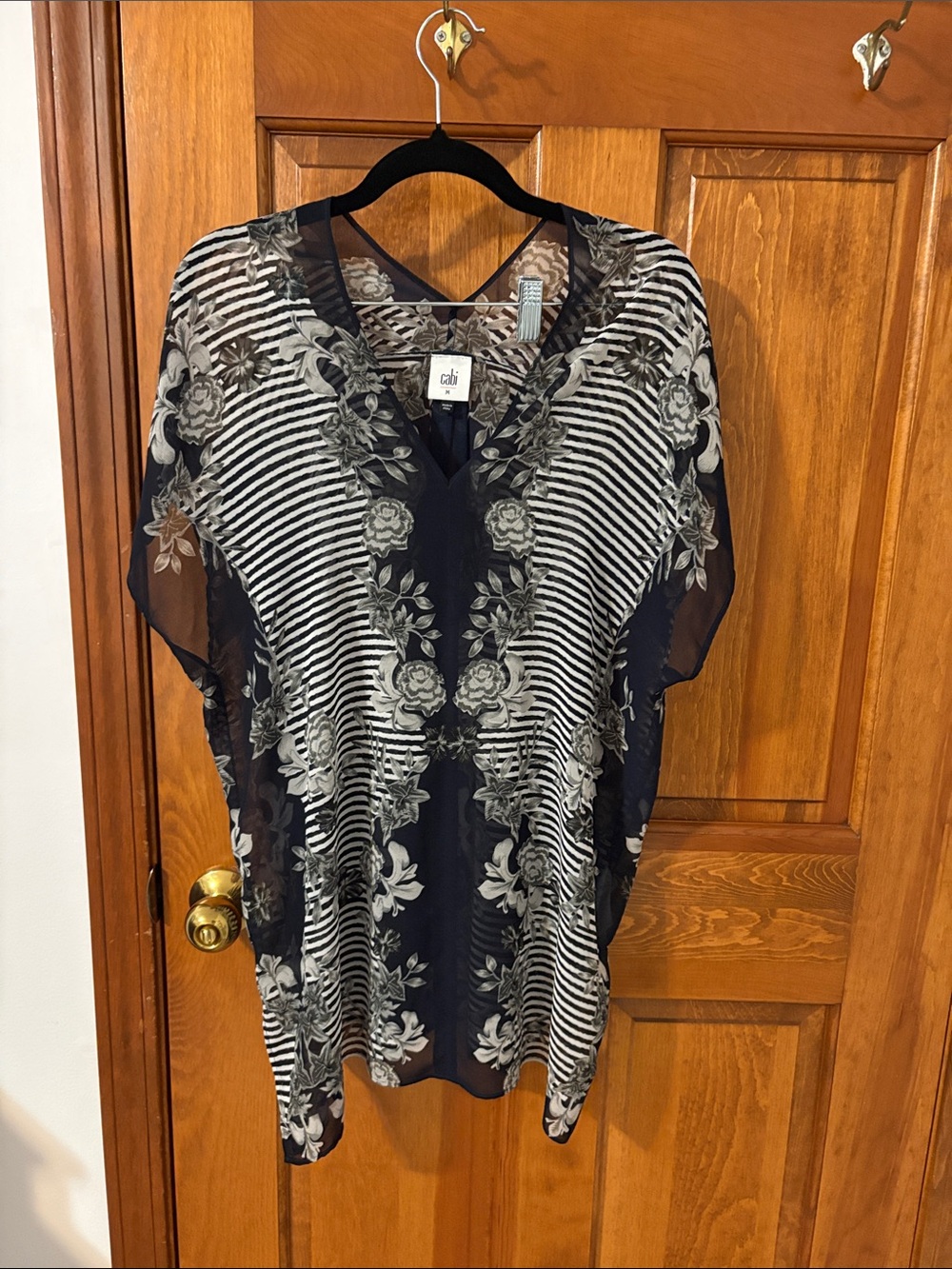 Cabi Sheer Floral-Stripe V-Neck Tunic Top - Black/White